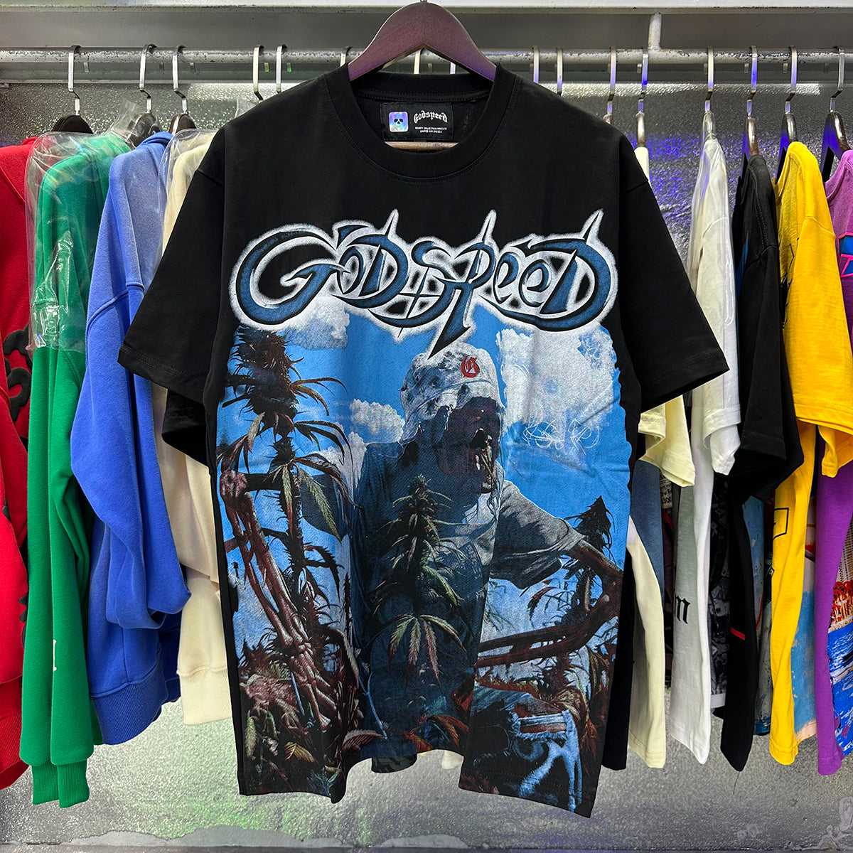Godspeed T-shirts Blue Sky White Clouds Poppy Skull Planting Printing Cotton Casual Short Sleeves Men and Women