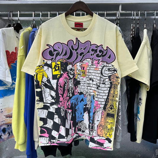 Godspeed T-shirts Graffiti Wall Skull Artist Printing Cotton Casual Short Sleeves Men and Women