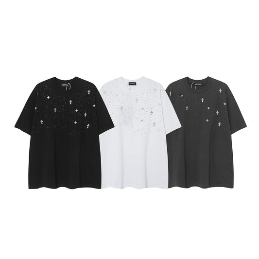 Chrome Heart T Shirts CH Gypsy Hot Diamond Cross Crew Neck Short Sleeve T-Shirt