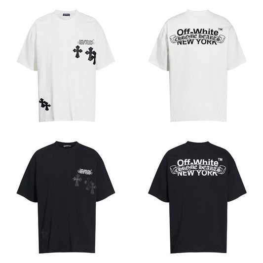 Chrome Heart T Shirts Cross Color Leather Printed Short Sleeve T-Shirt Loose