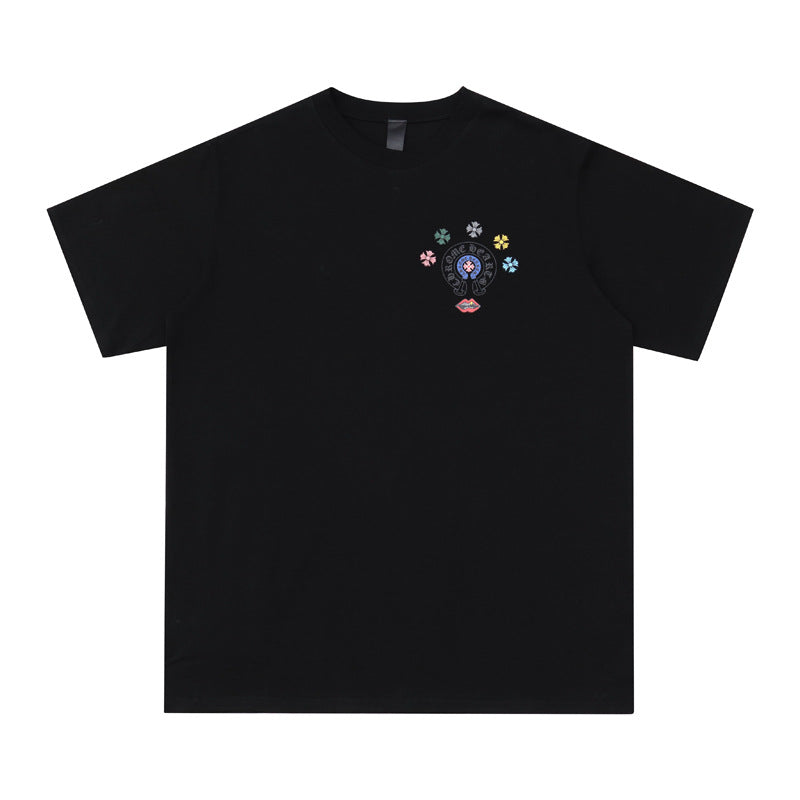 Chrome Heart T Shirts Cross Leather Print Short Sleeve T-Shirt Loose