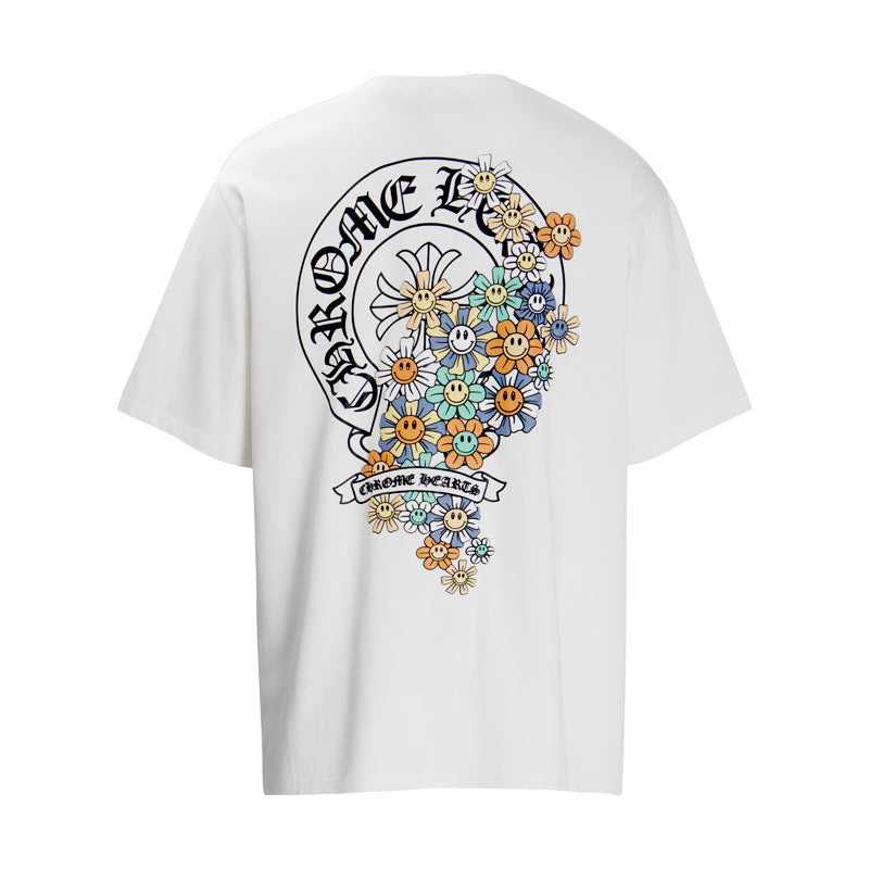Chrome Heart T Shirts Cross Leather Print Short Sleeve T-Shirt Loose