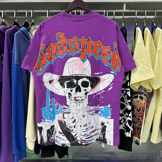 Godspeed T-shirts Great Western Skull Denim Cactus Print Cotton Casual Short Sleeve Men and Women